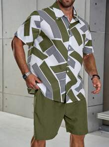 Manfinity Homme 2pcs Men's Plus Size Geometric Print Short Sleeve Shirt And Shorts Casual Set - Multicolor - View 4