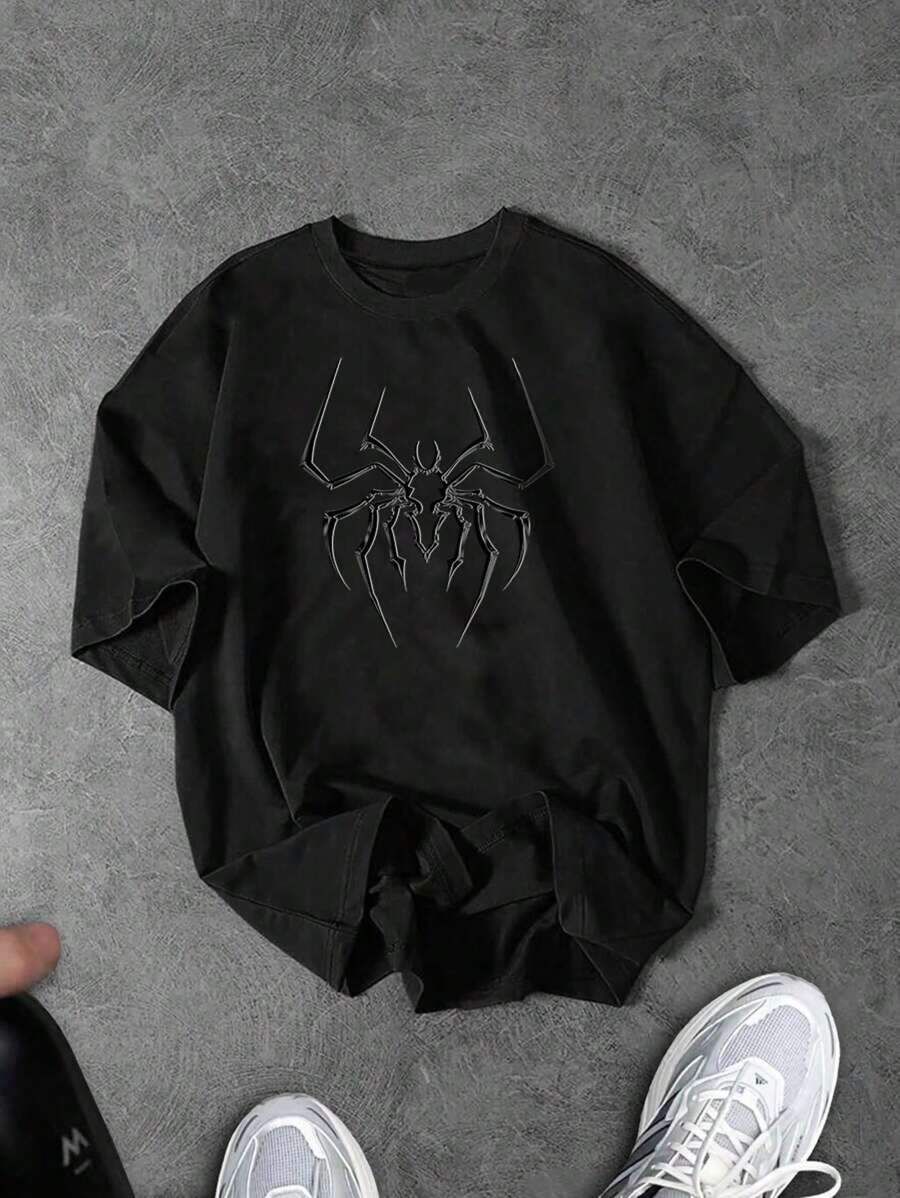 Manfinity Sport Corelite Men's Botanical Print Round Neck Short Sleeve Sports T-Shirt For Summer Workout Clothes Running Tees & Tanks, Black T-Shirt, Spider T-Shirt - Black - View 1