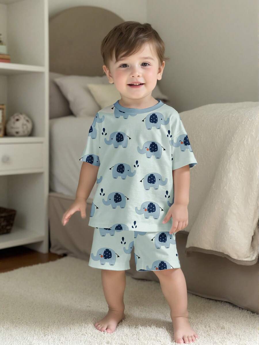 SHEIN Leap Crew 2pcs/Set Baby Boy Loose Casual Home Outfit Suitable For Summer - Multicolor - View 1