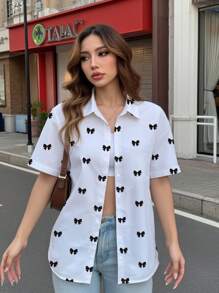 Camisa casual de mujer de manga corta con botones y rayas de fresa - Multicolor 2 - Ver 3