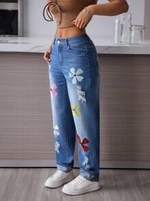 SHEIN PETITE Women's Casual Washed Floral Embroidery Ripped Jeans - Blue - View 3