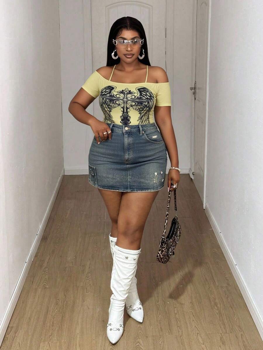 Maweii Áo thun hở vai tay ngắn họa tiết thời trang giản dị cỡ lớn cho nữ, thích hợp mặc hàng ngày - Màu vàng - Xem 1