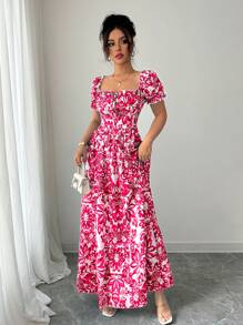 Elenzga 新款女式数码印花泡泡袖蕾丝前开襟收腰优雅连衣裙，适合约会、度假，优雅 - 紅色 - 查看 5