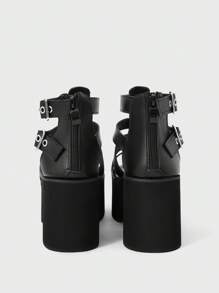 Sugerpunk Unique Punk Style Belt Buckle Rear Zipper Round Toe Thick Sole Platform Roman Sandals, PU Material, Black Color, Suitable For Party, Daily Wear, Evening Gown, Height Increasing And Leg Lengthening, Comfortable & Versatile Women's High Heels - Black - View 3