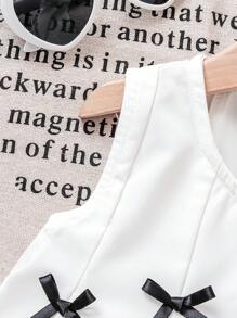 Conjunto de top de tirantes acampanado con parches y moño y pantalones de pierna ancha para niñas pequeñas, conjunto informal y lindo de estilo coreano para el verano