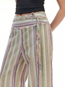 LYSMO Women's Striped Tie-Up Patchwork Long Pants,Bohemian Clothes - Green - View 5