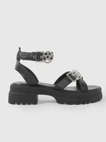 ROMWE Grunge Punk Women's Black Open Toe Plus Size 5.5cm Platform Thick Sole Dark Punk Five-Pointed Star Metal Buckle Design Casual Fashion Everyday Student Beach Sandals Summer - Black - View 2