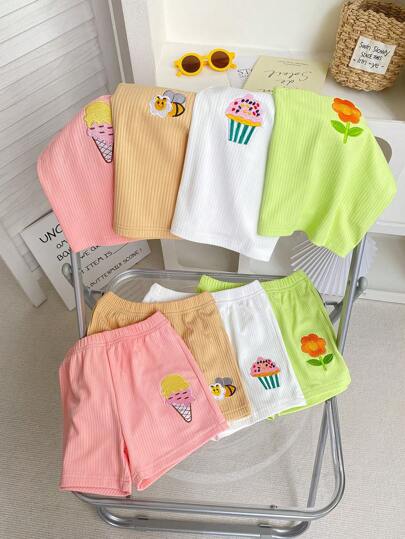 SHEIN Playful Pals Conjunto casual de verano de 4 piezas para niña bebé: Tops de tirantes finos en rosa, verde, blanco y albaricoque con bordado frontal, shorts a juego en rosa, verde, blanco y albaricoque con decoración bordada en el bajo, adecuado para uso diario, calle, exterior y deportes