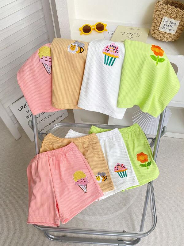 Set aus 4 Teilen für Baby Mädchen, im Sommer: rosa, grüne, weiße, aprikotfarbene Trägertoposmit bestickter Vorderseite, passende rosa, grüne, weiße, aprikotfarbene Shorts mit bestickter Saumverzierung, geeignet für den Alltag, Straße, Outdoor, Sport