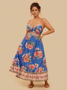 Travachic Váy in hoa nhiệt đới thường ngày cỡ lớn cho nữ, phong cách Bohemian ngày lễ - Màu xanh lam - Xem 6