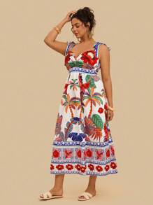 Travachic Vestido de verano para mujer con estampado tropical de plantas y loros, con lazo en el hombro en talla grande para vacaciones y uso casual