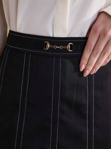 Graceveil 女式黑色撞色明线时尚高腰百褶长裙 - 黑色 - 查看 1