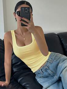 DAZY Women's Summer Plain Square Collar Ribbed Casual Versatile Tank Top