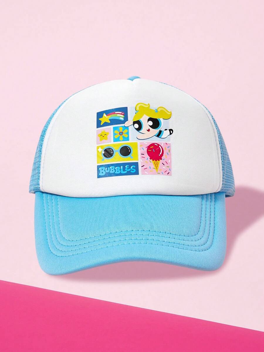 THE POWERPUFF GIRLS X SHEIN Adjustable Blue & White Cartoon Print Patchwork Baseball Cap - Blue - View 1
