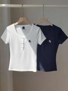 Comfortcana 2pcs Solid Color Embroidered Henley Neck Slim Fit Short Sleeve T-Shirts, Summer