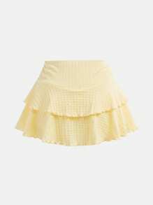 Girlism Teen Girls Resort Style Mustard Yellow Textured Tube Top With Front TwistGathered Waist Irregular Hem And Ruffled Skirt Two Pieces Suit. Suitable For Afternoon Tea, Streetwear, Vacation, Layering Or Party Wear, Autumn/Winter/Cute/Vacation