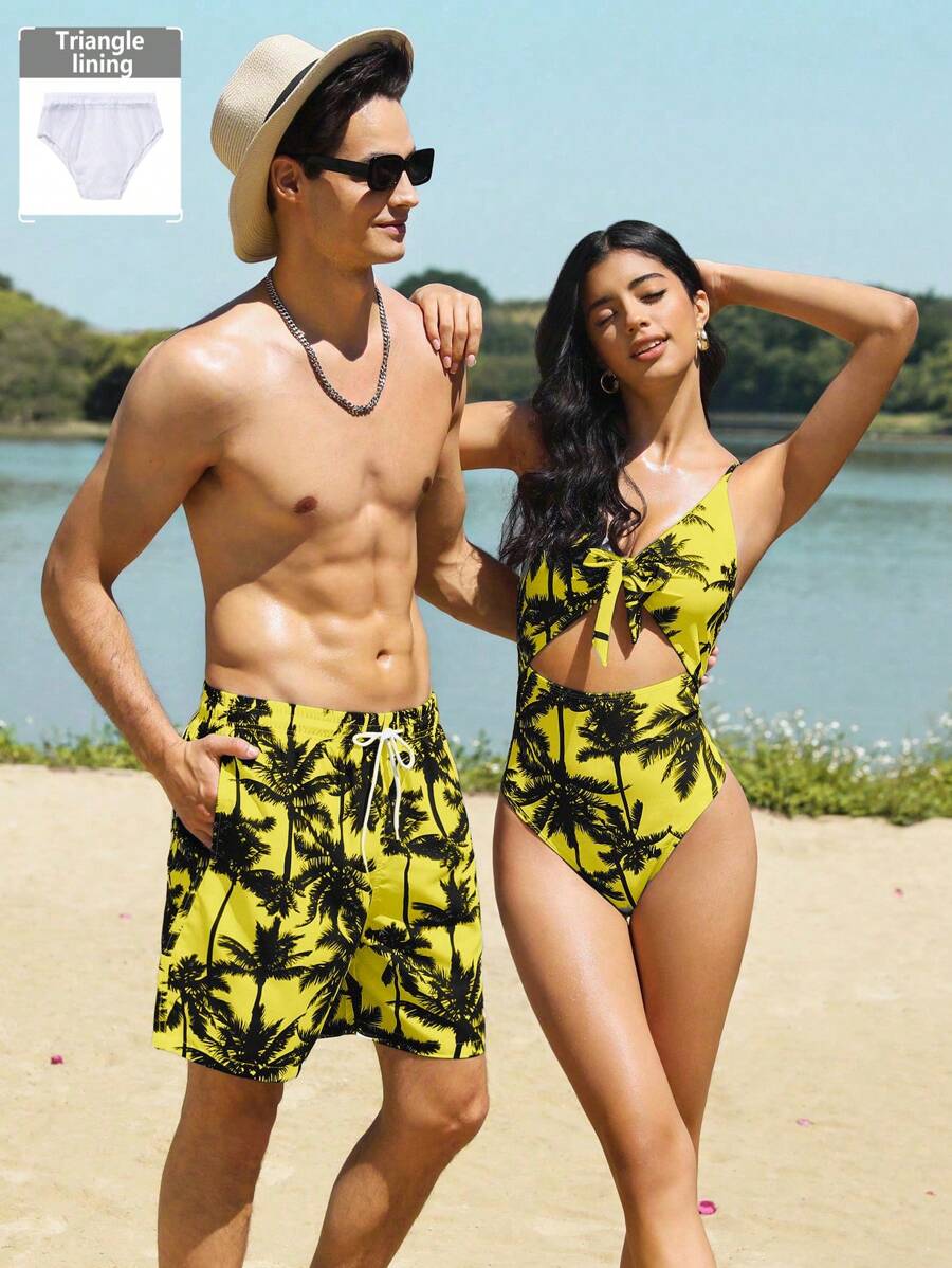 Manfinity VDAYZ Men's Palm Tree Print Drawstring Waist Pocket Beach Shorts (Print Messy Cut), Hawaiian - Multicolor - View 1