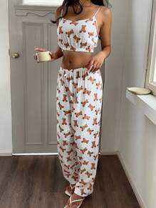 SHEIN EZwear New Ladies Bear Print Tank Top And Shorts/Trousers 3 Sets, Suitable For Daily Home, Cute Cartoon Clothes Suitable For Summer