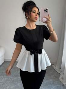 SHEIN PETITE 圆领短袖蝴蝶结装饰优雅束腰黑白拼接设计衬衫，夏季新品，小码，荷叶边上衣 - 黑與白 - 查看 6