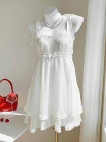 Comfortcana Women's Solid Color Frill Trim Bow Decor Camisole Mini Dress - White - View 3