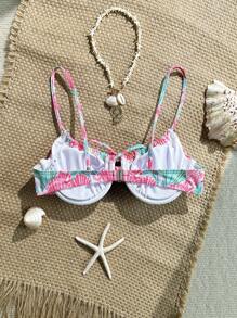 Swim Mod Women's Tropical Plant Print Twist Front Bikini Top For Summer Beach Vacation