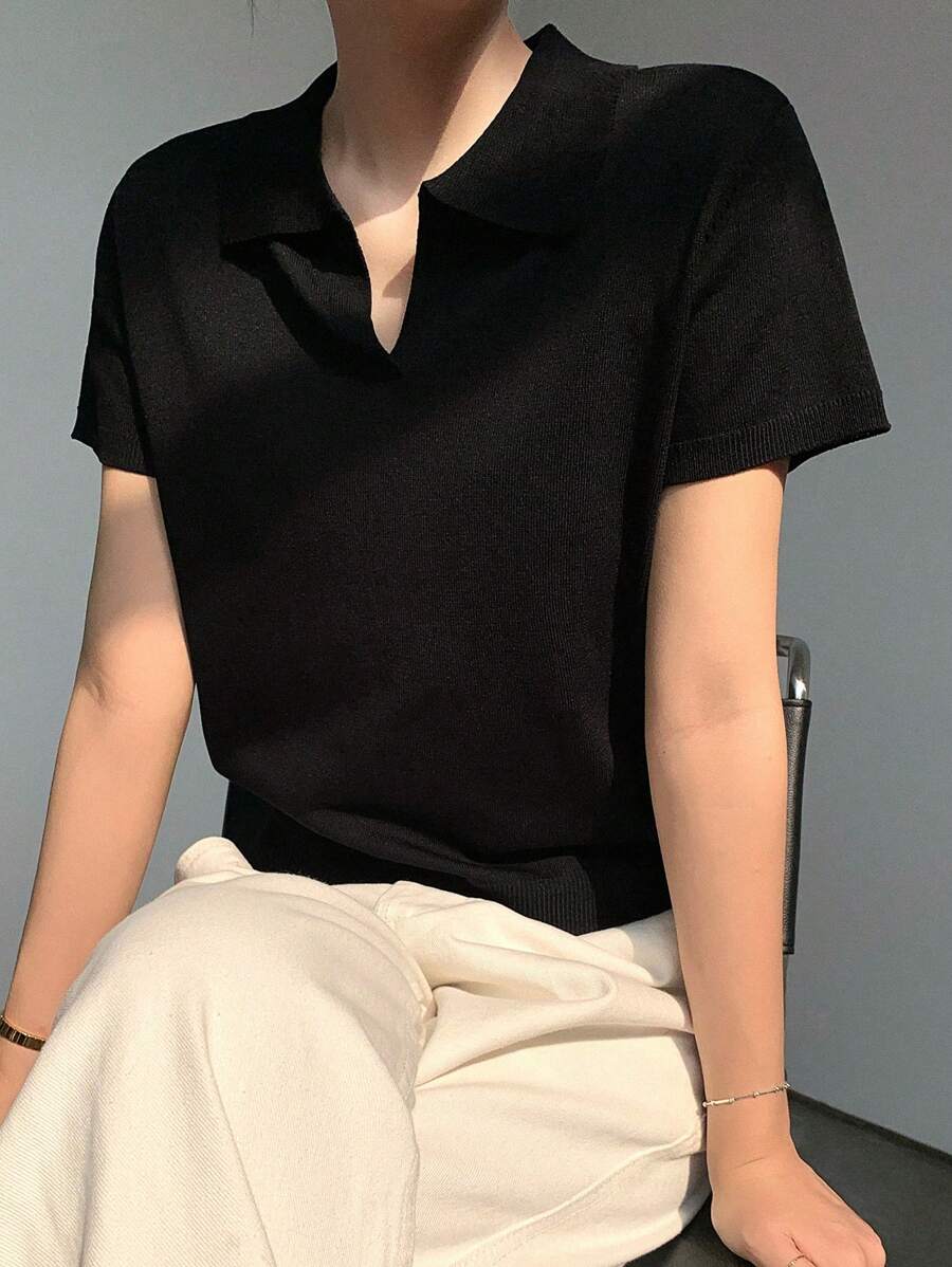DAZY Women's Casual Pullover Short Sleeve Sweater With Collar - Black - View 1