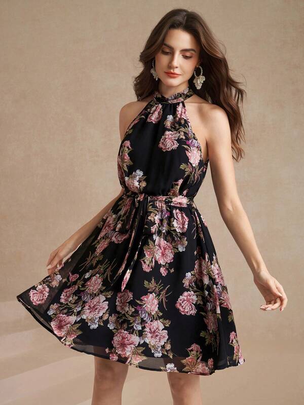 Amorya Women's Floral Print Halter Neck Dress Spring Dress