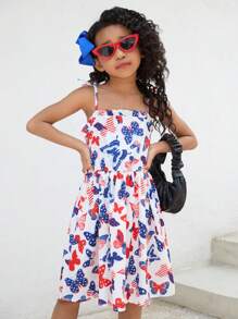 年轻女孩休闲蝴蝶印花细肩带太阳裙，适合 7 月 4 日、节日和日常穿着 - 紅色 - 查看 4