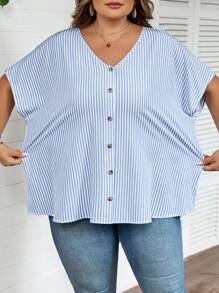 SHEIN CURVE+ Plus Size Striped Print V-Neck Front Button Casual Short Sleeve Shirt Summer/Country/Beach Vacation/Beach Wear - Blue and White - View 8