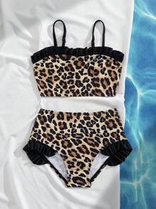 Set di 2 pezzi da bagno per ragazze giovani, costume da bagno da spiaggia e vacanza con stampa leopardata e volant a motivo casuale