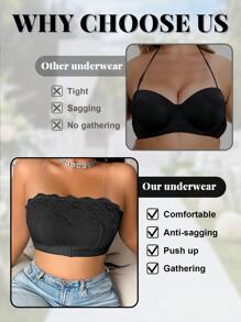 Áo ngực ren quây không dây cỡ lớn cho nữ, chống trượt không lòe loẹt, có kèm cánh hoa ngực - màu đen - Xem 5