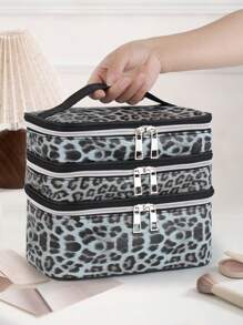 N_Standard Bolso de maquillaje grande de 3 capas con estampado de leopardo, estilo Y2K, multiusos, para verano