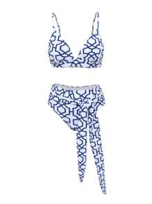 Swim Vcay 2 件套随机印花可调节肩带性感优雅女士比基尼泳装套装，适合夏季海滩、泳池、派对 - 藍白色 - 查看 4