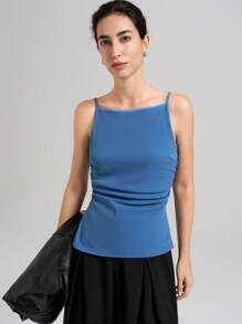 Ontre 2025新款斯德哥尔摩风格女教师蓝色吊带背心，秋季休闲商务百搭无袖上衣，可调节肩带简约纯白色吊带背心，适合早餐、商务休闲、复古 - 藍色 - 查看 4