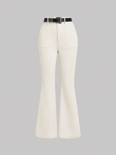 SHEIN MOD 米色复古风女式喇叭西裤，配PU皮带，波西米亚风喇叭裤，适合音乐会等场合，尽显老钱风范。