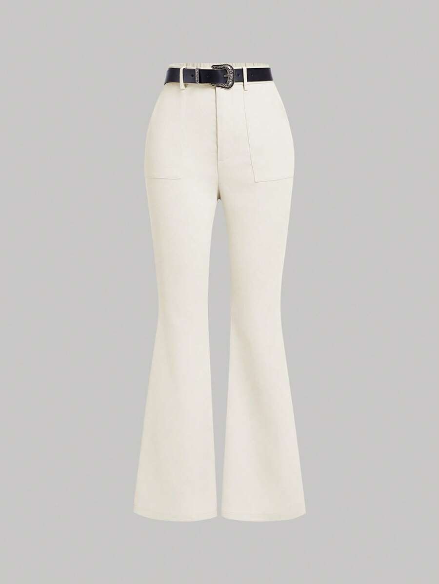 SHEIN MOD Beige Color Vintage Style Women's Flared Western Trousers With PU Leather Belt Boho Flare Pants Concert Old Money Style - Beige - View 1
