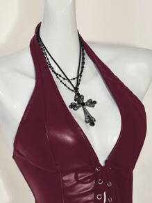 SHEIN ICON 女士 Y2k 时尚辣妹演唱会女装俱乐部派对节日狂欢装 Y2k 外出交叉带 PU 皮革露背迷你吊带黑色连衣裙