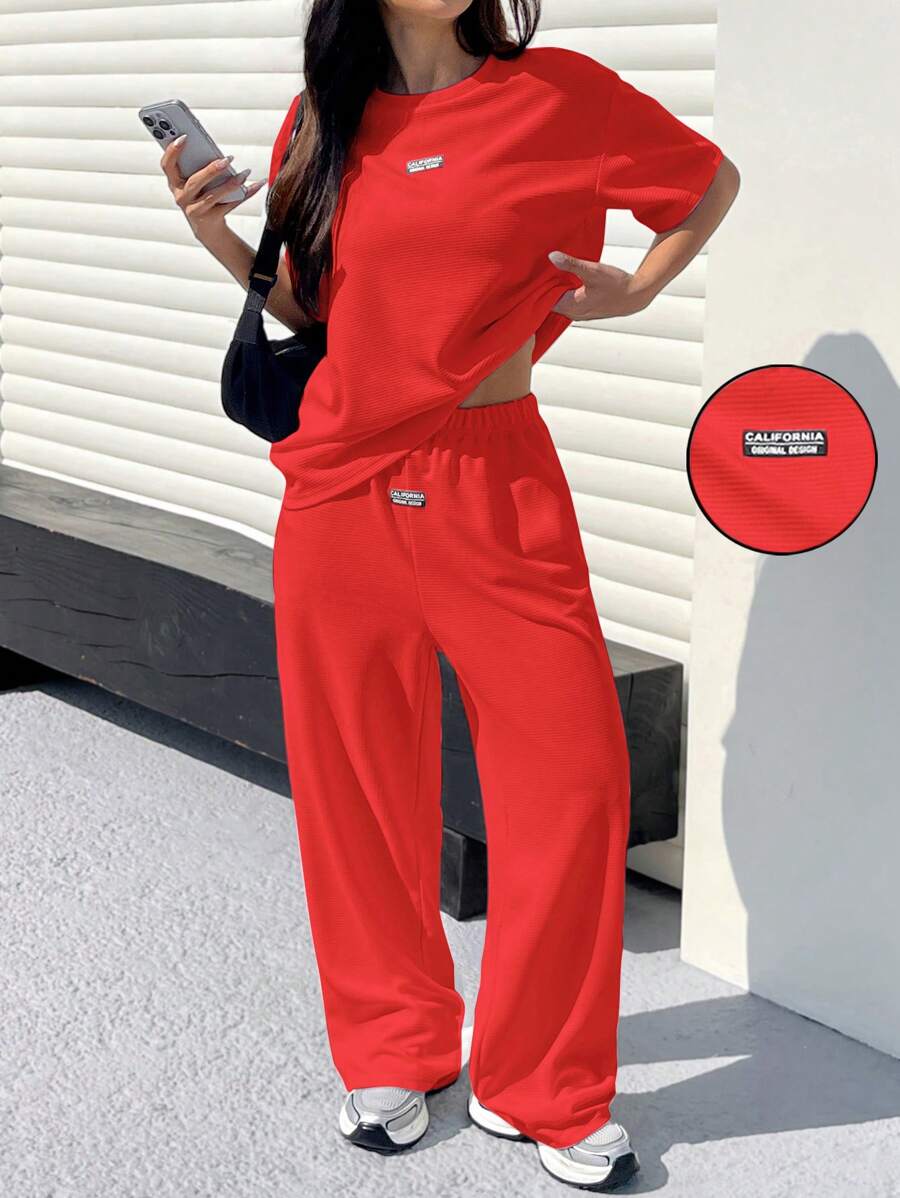 SHEIN EZwear 女士纹理白色休闲宽松T恤和裤子两件套