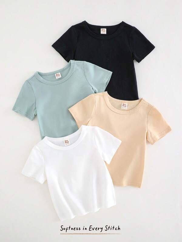 Cozy Pixies Conjunto de 4 peças de camiseta básica para bebê menino, malha lisa, macia, casual, versátil, gola redonda, manga curta
