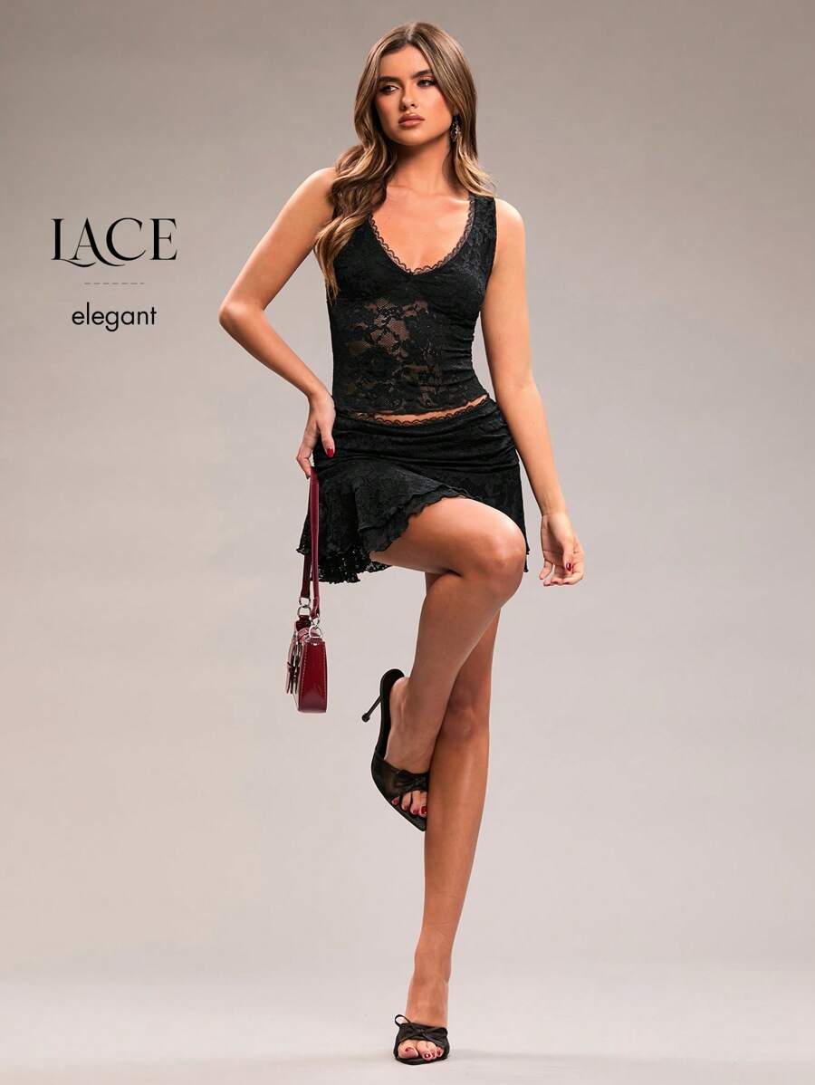 SHEIN BAE Bộ vest ren đen gợi cảm thanh lịch cho kỳ nghỉ hè, thích hợp cho hẹn hò hàng ngày, đi chơi đêm, hộp đêm, tiệc tùng, dạ hội, tiệc cocktail, bộ đồ ngày lễ, bộ váy ngắn, áo ba lỗ lưới gợi cảm cho nữ - màu đen - Xem 1