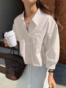 Jouncy Women's Single Breasted Pocket Casual Loose Short Long Sleeve Blouse