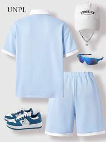SHEIN Explorewe 2 件套校队 Polo 衫，撞色领口，宽松 T 恤和短裤，适合学校、夏季 - 彩色 - 查看 2