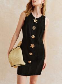 Écloséra 时尚百搭圆领无袖黑色连衣裙，金属花朵纽扣装饰，收腰设计，适合春夏季 - 黑色 - 查看 1