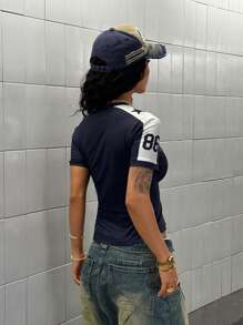 StreetHx Women's Navy Blue Number Print T-Shirt Streetwear Short Sleeve, Spring/Summer