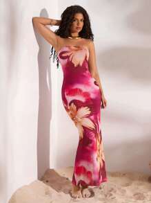 Opulessa Robe moulante sans manches imprimée florale pour femme - Prune - Voir 5