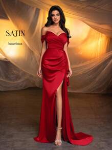 Glamrae Elegante vestido de noche de cola de pez con abertura alta, hombros descubiertos y drapeado lateral en espiga, vestido de invitada de boda, vestido de fiesta, vestido formal