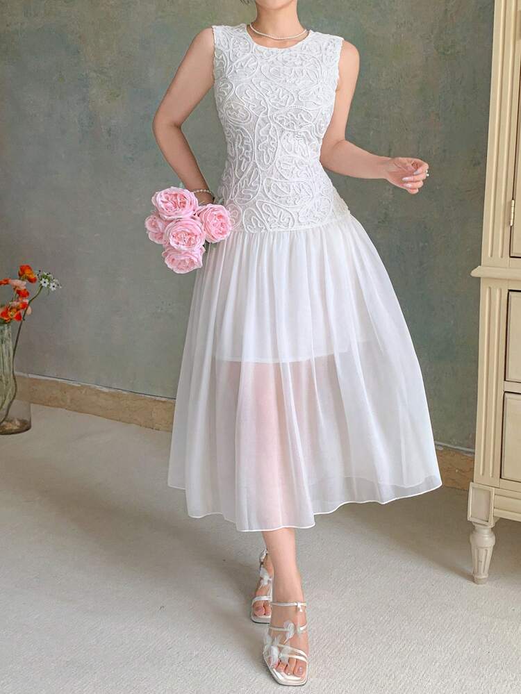 Women's Lace & Mesh Splice Sleeveless Dress, Elegant Round Neck Backless Party Gown, Vacation & Wedding Guest Summer Outfit Dress