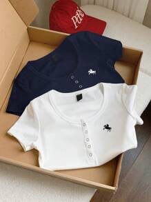 Comfortcana 2pcs Solid Color Embroidered Henley Neck Slim Fit Short Sleeve T-Shirts, Summer