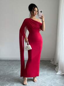 Rafferiza Váy suông bồng bềnh một bên vai thanh lịch dành cho nữ có viền xếp nếp và xẻ tà, màu đỏ, mùa xuân/hè - Đỏ - Xem 6