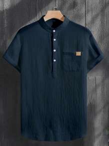 Manfinity Homme Men's Stand Collar Casual Short Sleeve Half-Button Shirt Polo Shirts For Men Polo Men Shirt Shirts For Men Men Polo Shirts Polo Shirt For Men Men Shirts Polo - Navy Blue - View 3